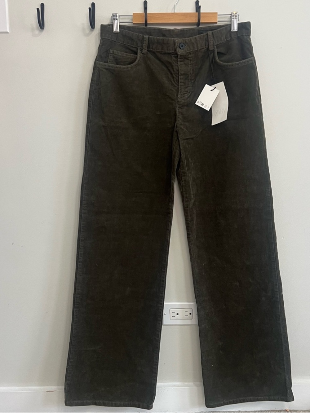 NWT Zara Dark Olive/Brown Corduroy Pants Career Careerwear Work Office Wide Leg